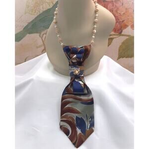 Artisan Vintage Silk Tie Pendant Upcycled Elegant Abstract New Beaded Necklace